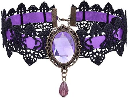 Prosy Black Lace Collane Gotico Pizzo Choker Pendente di Cristallo Halloween Cosplay Partito Diamante Collana Gioielli per le Donne e le Ragazze (Viola)