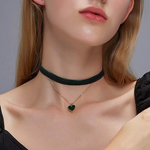 Yienate Collana a strati con ciondolo a forma di cuore con strass e velluto, per donne e ragazze (verde)