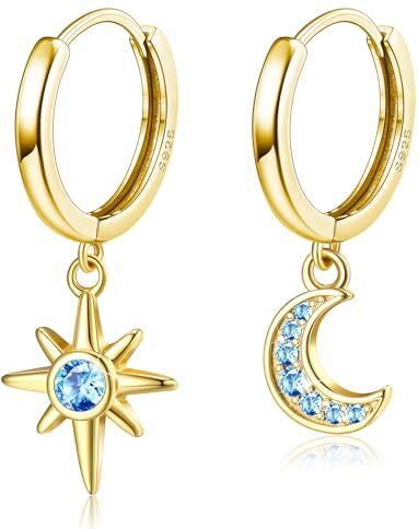 ADRAMATA Orecchini Argento 925 Bambina Orecchini Stella   Orecchini Luna, Orecchini Pendenti Ipoallergenici, Personalizzato CZ Orecchini Cerchio, Asimmetrici Orecchini Pendenti Argento per Donne,g2