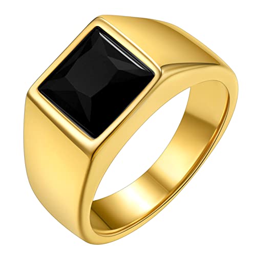 GOLDCHIC JEWELRY Anello Uomo Oro Anello Uomo con Pietra Nera Anello Oro Con Pietra Preziosa Quadrata Anello Oro Uomo in Acciaio Inossidabile Anello Oro con Pietra Onice Nero Taglia 30