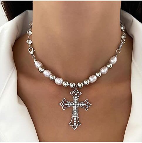 Inilbran Punk Grande Cristallo Croce Collana Girocollo Argento Perla Collana Girocollo Vintage Gesù Croce Collana Catena Gotico Strass Croce Collana Gioielli Per Le Donne E Le Ragazze