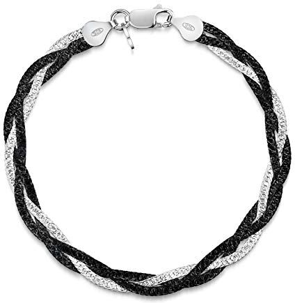 Amberta Bracciale da Donna in Argento Sterling 925 Maglia Spina di Pesce 5 mm Lunghezza 19 cm Argento e Rodio Nero