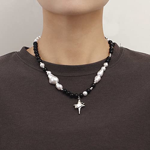 Wendalern Cristallo Perline Collana Choker Nero Bianco Palla Catena Perline Collana Cz Croce Stella Ciondolo Fatto A Mano Catena Di Perle Barocco Collana Y2k Gioielli Per Le Donne Ragazze