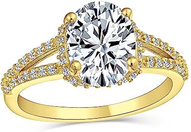 Bling Jewelry Anello Di Fidanzamento Ovale Tradizionale Classico Con Taglio Brillante 3Ct Aaa CZ Per Donne Con Fascia Sottile A Gambo Diviso In Oro Giallo 14K Placcato In Argento Sterling 925