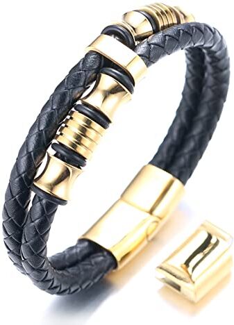 HALUKAKAH Bambini ● Onore Junior Junior ● Ragazzi Bracciale in Vera Pelle 6-12 Anni. Titanio Onore Oro Perline Chiusura Magnetica Dorata Taglia Regolabile 18-19.5cm con Confezione Regalo Gratuita