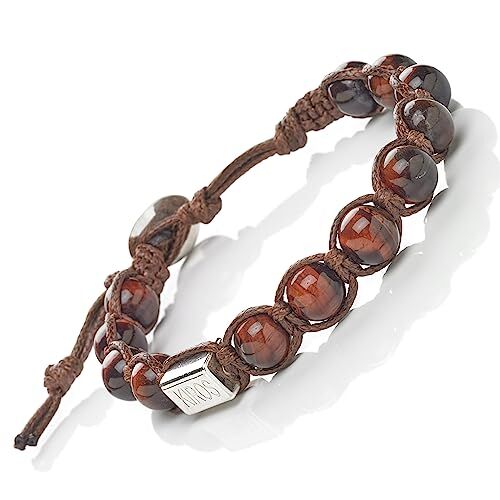 Generico KIROS Bracciale Tibetano Buddista Shamballa Tamashi Unisex Uomo Donna realizzato con Pietre Naturali 8 mm, Filo Cerato Marrone, Artigianale Fatto a Mano regolabile 3 Misure.