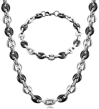 AFSTALR Collana Chicco di caffè Uomo Acciaio Inossidabile 11mm Bracciale Chicco di caffè in Set Bracciale con Catena Uomo Gioielli Argento Nero Hip Hop di caffè Argento 61CM