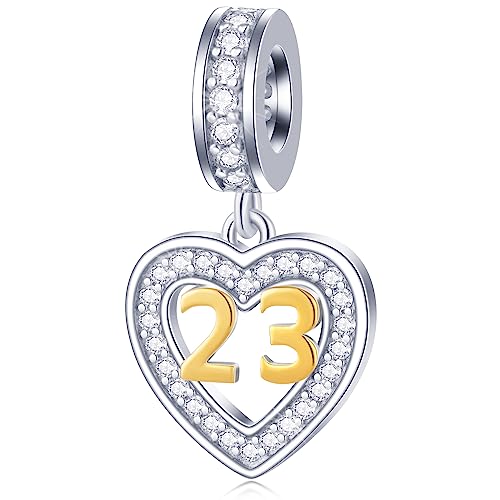 GLOWDAS 23 Anni Compleanno Charms Fit Braccialetto Pandora Cuore, Oro 18 Carati Numero 23 Ciondoli, 925 Argento Sterling 23rd Anniversario Collana Ciondolo Perline con CZ, Regali per Nipoti/Coppia