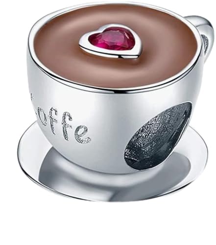 NoceraStore Charm a forma di tazzina da caffè con cuore e scritta “I love coffee”, in argento sterling 925, smaltato rosso, compatibile con braccialetti