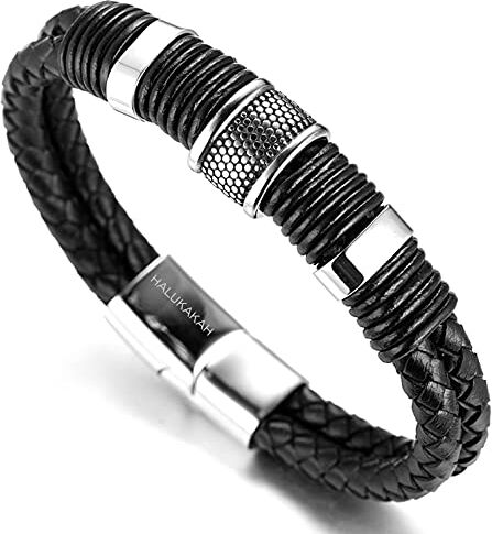 HALUKAKAH Bambini ? Solo Junior ? Bracciale Ragazzo Maschio in Vera Pelle Cuoio Nero 6-12 Anni Titanio Acciaio Chiusura Magnetica 7"(18cm) con Pacco Regalo Gratuita