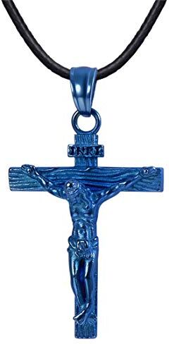 U7 Collana Uomo Croce Crocifisso, Gesù Cristo Collana Uomo Acciaio Ciondolo,Blu Crocifisso Collana Uomo con Croce, 55 cm Collana Cera Nera, Idee Regalo Religioso Amuleto