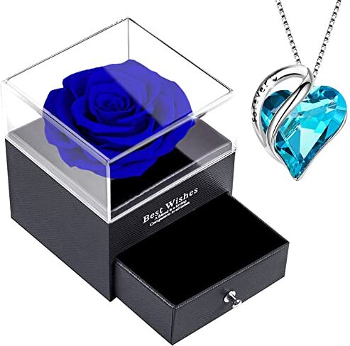 Willuck Rosa Eterna Stabilizzata Blu con collana cuore cristallo acquamarina, Rosa conservata con ciondolo zaffiro blu argento 925 donna,San Valentino Festa Della Mamma Anniversario Matrimonio per Lei