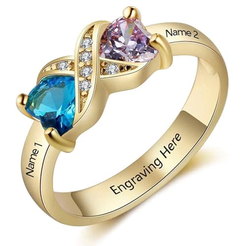 Generic Anello da donna Anello personalizzato in argento 925 con pietra preziosa e nome, cuore in zirconia cubica, gioiello da donna, regalo di Natale, festa della mamma, compleanno. (Oro, 17)