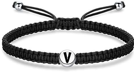 J.Endéar Bracciale Iniziale V per Donna Uomo Argento 925 Bracciale Lettera Bracciale Fatto a Mano con Filo Intrecciato Bracciale Nero