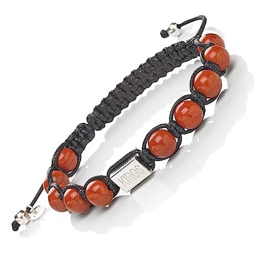 Generico KIROS Bracciale Tibetano Buddista Shamballa Tamashi Unisex Uomo Donna realizzato con Pietre Naturali 8 mm, Filo Cerato Nero, Artigianale Fatto a Mano regolabile 3 Misure.