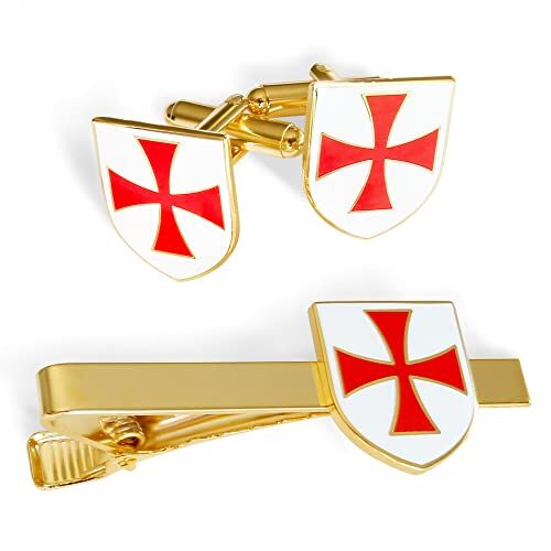 Masonic The  Collection Set gemelli e cravatte in oro Design KT Cavalieri Templari Con rivestimento in smalto rosso e bianco Un perfetto accessorio regalo massonico per uomini massoni, oro,