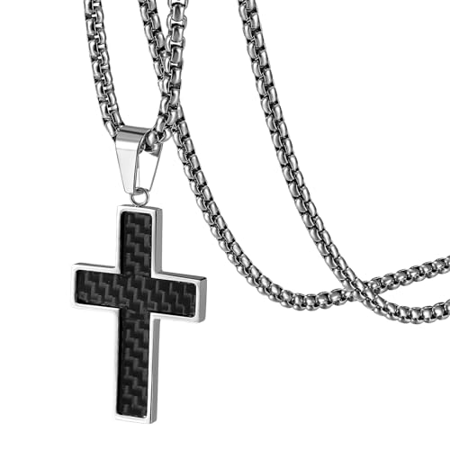 JewelryWe Collana religiosa con croce cristiana: squisita collana con ciondolo a forma di croce in fibra di carbonio, in acciaio inox, per uomo e donna, Acciaio inossidabile