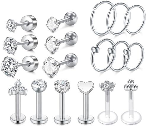 NIUSIMAN Helix Tragus piercing Argento,18 pezzi orecchini argento 16G CZ orecchio piercing helix acciaio chirurgico anelli Orecchini a perno Cartilagine Labret Piercing gioielli