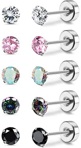 Milacolato Piercing Titanio per Donne Ragazze 5Pairs G23 Orecchini in Titanio per Orecchie Piercing 5A borchie cubiche in zirconia 20G Flat Back Piercing Cartilagine Tragus Conch Helix Titanio