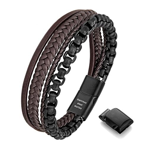 Murtoo Bracciale Uomo Pelle e Catena Acciaio Braccialetto con Chiusura Magnetica Pacco Regalo per L'uomo (Nero Marrone, 22)