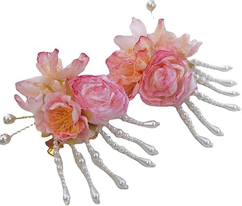 YEAMKE Accessori Vintage Di Fiori Di Seta Hanfu, Ornamenti Floreali Per La Spilla Per La Testa, Ornamenti Per Capelli In Stile Antico, Clip Originali Per Coppie Di Corte, Fiori Di Nappa, Forcine Per Capelli Fatate