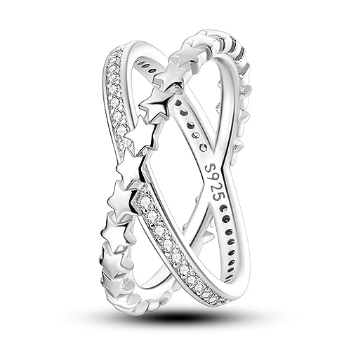 NARMO 925 Anelli in Argento Sterling per le Donne Stelle Cross Line Anello Cubic Zirconia Anello Statement Size 19.5