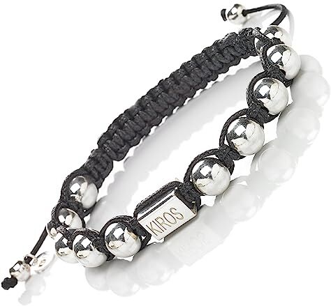 Generico KIROS Bracciale Tibetano Buddista Shamballa Tamashi Unisex Uomo Donna realizzato con Sfere in argento 8 mm, Filo Cerato Nero, Artigianale Fatto a Mano regolabile 3 Misure.