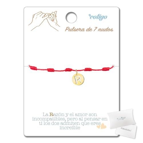 cotigo Bracciale 7 nodi rosso con lettera iniziale A-Z Acciaio Inossidabile-Amuleti della Fortuna e Protezione-Bracciale Male Occhio Bracciale Filo Rosso per Coppie Amicizia Donna, Taglia unica