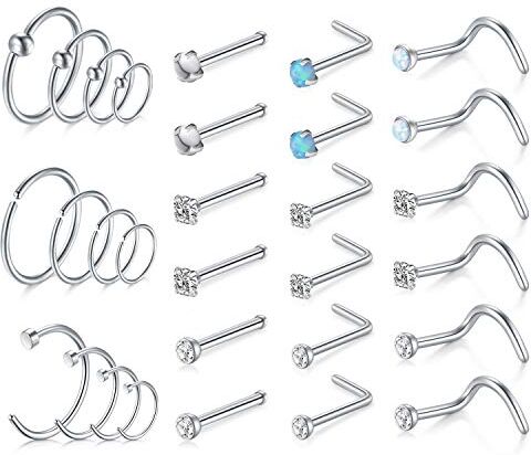 Mayhoop Piercing Naso Anelli Borchie al Naso 20G Acciaio Chirurgico Argento con CZ Opale Marmo Anelli Naso Studs Donna Uomo Ragazza Piercing Gioielli 30Pieces