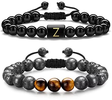 TINGN 2 Pezzi Iniziali Bracciale per Uomo, 8mm Occhio di Tigre Pietra lavica Ossidiana Bracciale da Uomo Fatto a Mano Regolabile Anti Ansia Perline Braccialetti per Uomo Lettera Regalo (Z)