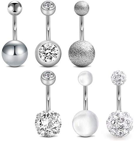 MODRSA 14G 10mm Piercing Ombelico Acciaio Inossidabile Donna Ragazze Piercing Ombelico Pancia Anello Gioielli per Il Corpo 6 Pezzi Argento