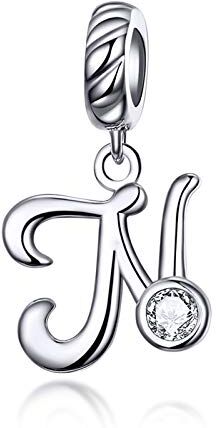 LaMenars Ciondolo con Lettera Dell'alfabeto in Argento Sterling 925 Charm Bead con A alla Z Pendente con Zirconia Cubica Compatibile con Pandora e Europei Bracciale Collane da Donna (Letter N)