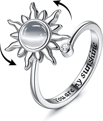 Milacolato Anello Antistress Regolabile Donna Ragazza Argento Loto Fiore Girasole Pietra di Luna Stellata Opale Fidget Anello di Ansia di Spinner Fantasia Gioielli Sole Grigio