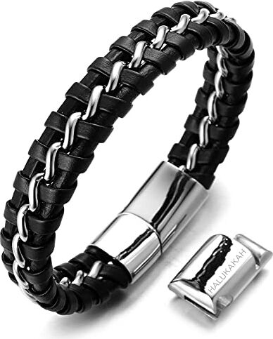 HALUKAKAH Bambini Solo Junior Bracciale Ragazzo Maschio Vera Pelle Cuoio Nero 6-12+3 Anni Catena Titanio Acciaio Argento Chiusura Magnetica Taglia Regolabile 18-19.5cm con Pacco Regalo Gratuita