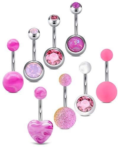 AceFun Piercing Ombelico Acciaio Chirurgico 14G Rosa 8 Pezzi Anelli all'ombelico Piercing Ombelico Banana Piercing Gioielli per Donna