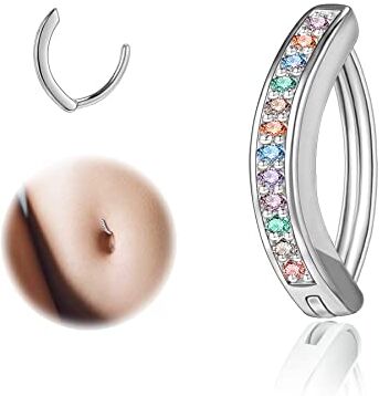 ZS Piercing da ombelico da donna, 14 g, con diamanti, in argento 925, ricurvato, per ombelico, Argento sterling Argento