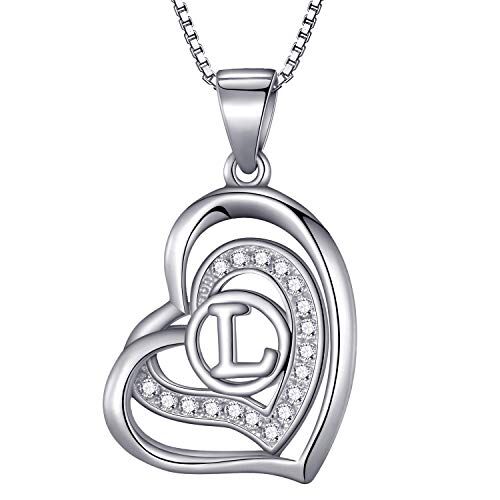 Morella Collana donna a forma di cuore lettera L con zirconi bianchi 46 cm argento 925 rodiato