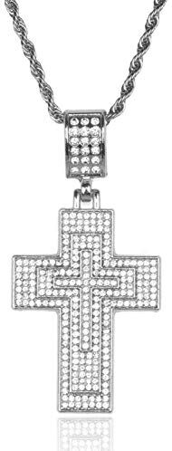 HALUKAKAH Catena d'oro con Croce Uomo Iced out,Platino Placcato Finitura in Oro Bianco Croce Pendente Collana,Cz Completa Lab Diamantes Prong Set,con Catena di Corda 60cm,Gratuito Pacco Regalo