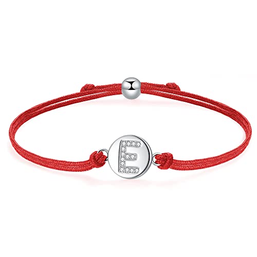 J.Endéar Bracciale Lettera E in Argento Sterling 925, Lettera Iniziale Disco con Catena in Filigrana Fatta a Mano Regolabile da 24cm, Rosso