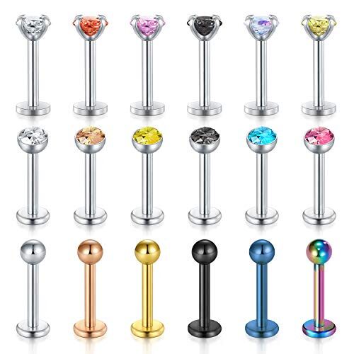 LAURITAMI 18pcs Barrette per Piercing Labbra Anelli 16G Acciaio Chirurgico Labret Borchie Anello Piercing Gioielli Conchiglia Cartilagine Tragus Elica Orecchino Bilancieri 8mm