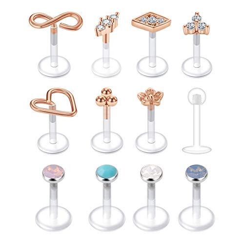 Mayhoop 16G Chiara Piercing Labbro Trago Flessibile in Acrilico CZ Opale Piercing Trago Cartilagine Plastica Piercing del Corpo 12Pezzi 6mm Oro Rosa