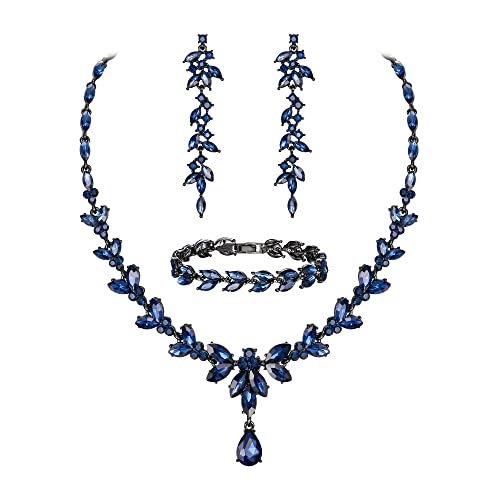 EVER FAITH Set di gioielli da damigella in cristallo austriaco, collana con foglie di strass marquise, orecchini pendenti, bracciale da tennis Sapphire Blu Nero-fondo