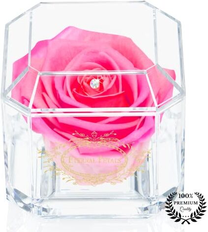 Eternal Petals Una vera rosa al 100% che dura anni – petali eterni, fatti a mano nel Regno Unito – oro solo con un cristallo Swarovski multicolore (doppio rosa)