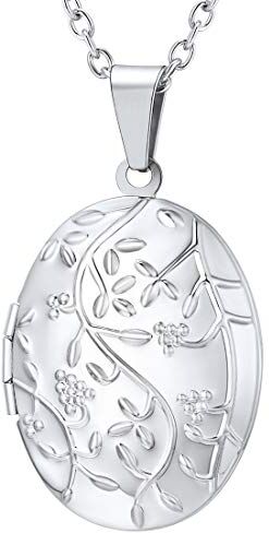 U7 Collana Pendente Donna Medaglione Ovale Fiore PortaFoto, Placcato Platino, Catena Regolabile, Gioiello alla Moda, Argento, Regalo Perfetto Compleanno Anniversario (Confezione)