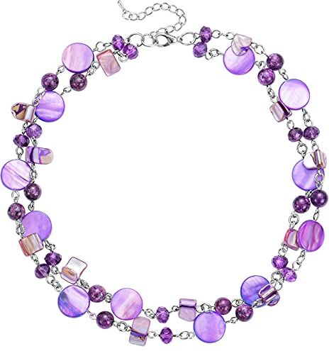 FULU AUTUMN Donne Collana di Conchiglie in Argento a Strati Collane Bohémien Corte Collana Girocollo con Perline Turchesi Regali Compleanno(59-Purple)