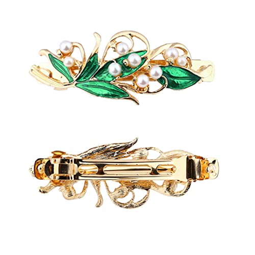 FRCOLOR Barrette Leaf Women Green Vintage Spring For Clip Clips With Design Pearls Fresh Style Decor Gold Pearl Alloy Girls Metal Handmade Knit Hair Pin Elegant Ladies Flower Barrettes