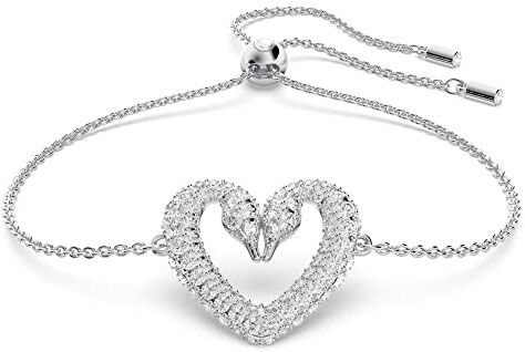 Swarovski Una Bracciale a Catena Morbida, Placcato in Tonalità Rodio Lucido con Delicati Cristalli su Cigni a Cuore, Collezione III, Bianco