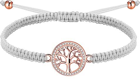 J.Endéar Bracciale Corda Fortunata, Oro Rosa Albero della Vita Bracciale Argento 925 Zircone per Donna, Gioielli Intrecciati Ragazze, Bracciale Adolescente Regolabile, Grigio