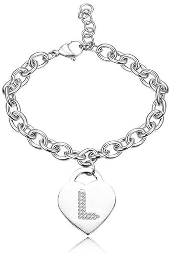 SiLo Bijoux Bracciale con lettera iniziale donna con STRASS in acciaio con lettera NOME charm cuore e cristalli argento alfabeto misura regolabile, nascita, anniversario,idea CONFEZIONE REGALO INCLUSA (L)