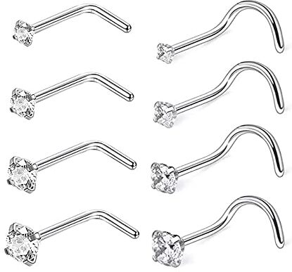 Zeayebsr 8 pezzi Naso Piercing Gioielli in Acciaio Inox Perno Naso Piercing,Piercing Naso Lip Anelli Zirconi Intarsiato, Forma a vite e curva a L